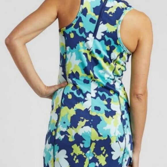Title Nine Floral Athletic Dress Blue Green Yellow Sleeveless Zip Back Pockets - Picture 2 of 12